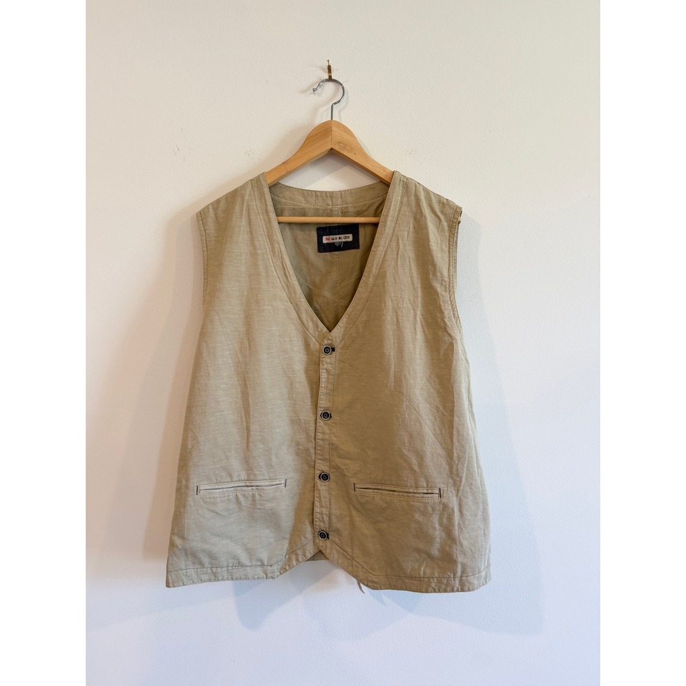 32 Bar Blues Mens XL Tan Cotton Linen Blend Button Front Cinch Back Vest